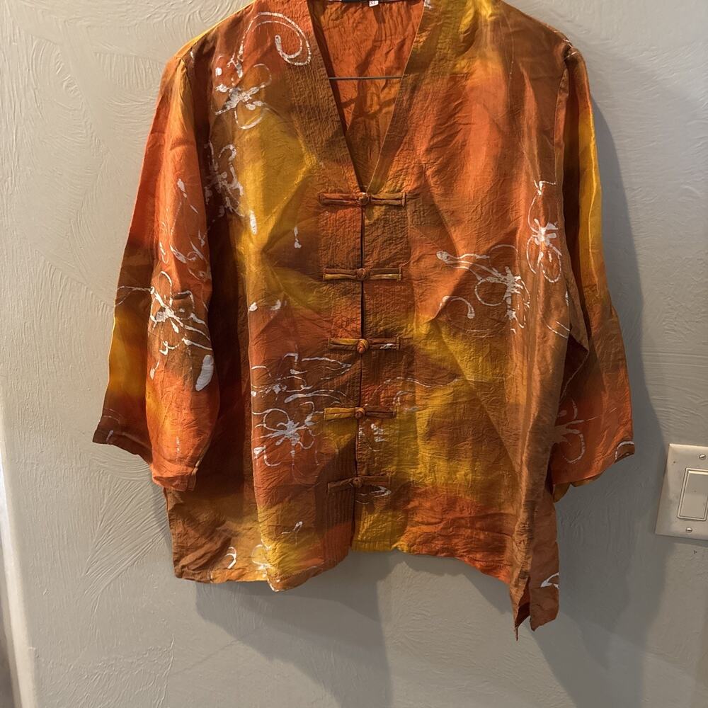 VTG Silk Shirt Chinese Jacket Orange Brown Frog Knots‎ Sz XL Mandarin